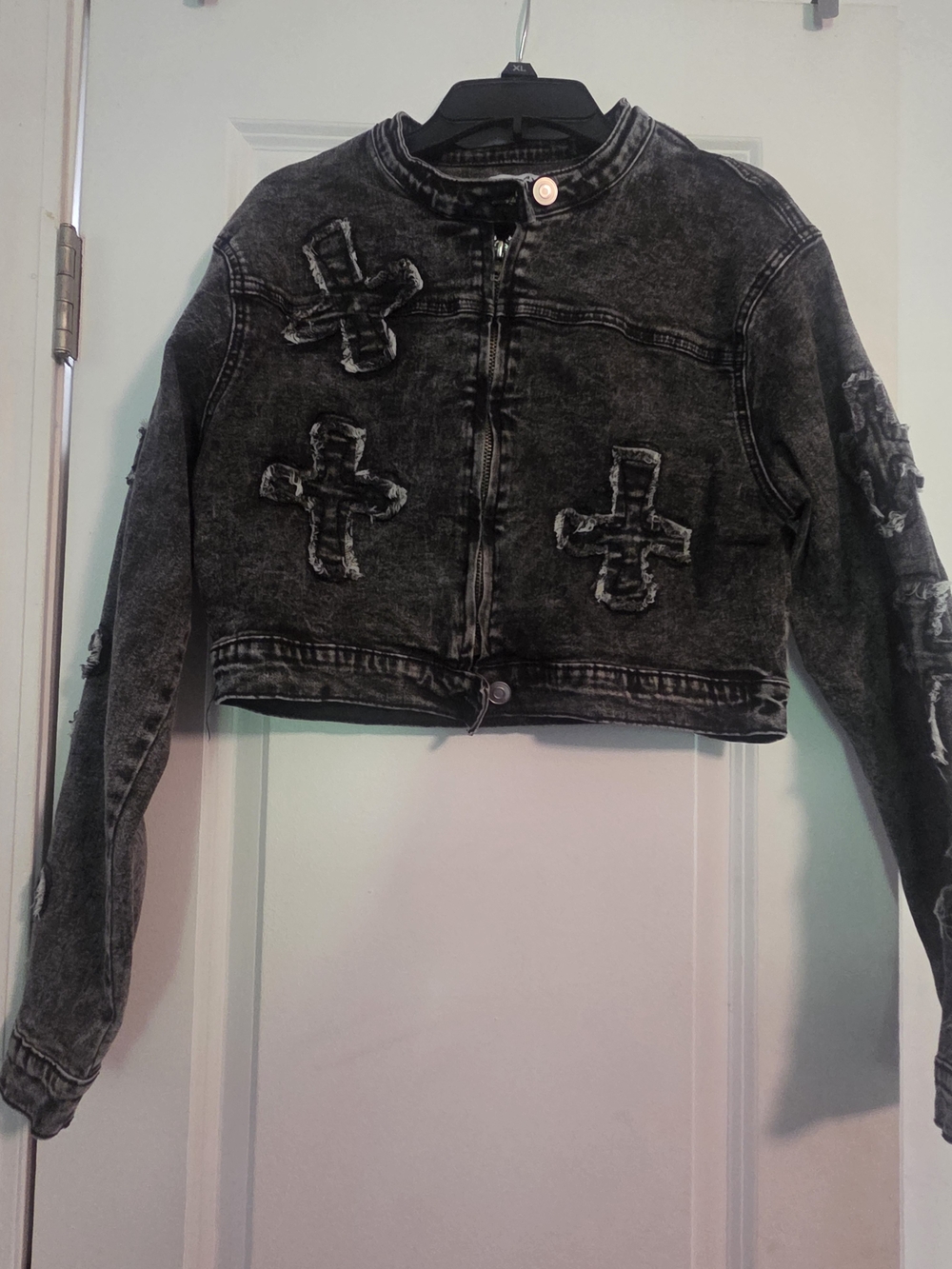 Washed Black Cropped Denim Jacket with Cross Appliqués